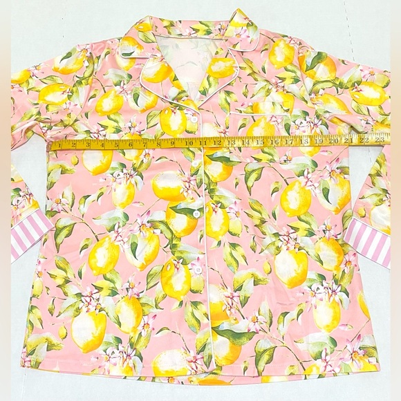 Womens L Pink w/ Yellow Lemon Print Long Sleeve Pajama Shorts Set Preppy Classic - Picture 11 of 16